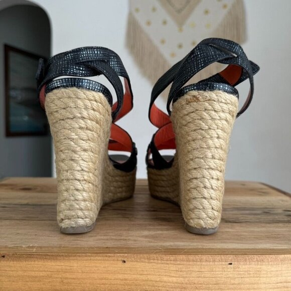 Y2K Via Spiga Karla Gray Textured Leather Strap Platform Espadrille Wedge Sandal - Picture 5 of 17